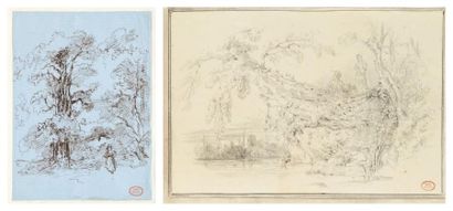 Paul HUET (1803-1869) Couple au bord de la rivière Crayon noir. Porte en bas à droite...