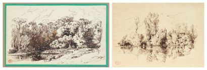 Paul HUET (1803-1869) Les bords de la Leïta Plume et encre brune. Monogrammé en bas...