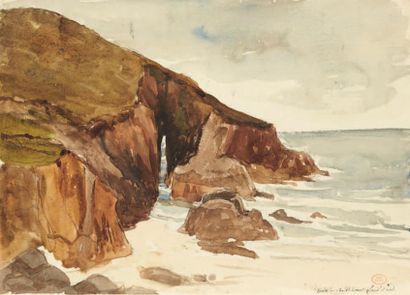 Paul HUET (1803-1869) Grotte du Chant de la mer, Land's end Aquarelle sur traits...