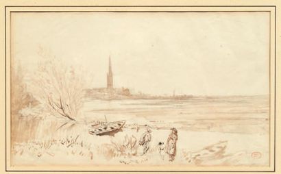 Paul HUET (1803-1869) Vue d'une ville en bord de mer, Angleterre Lavis brun, aquarelle,...