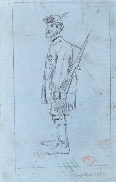 Paul HUET (1803-1869) Un chasseur Crayon noir sur papier bleu. Situé et daté en bas...