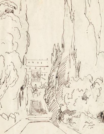 Paul HUET (1803-1869) La Villa d'Este Annoté sur le montage La Villa d'Este. Porte...