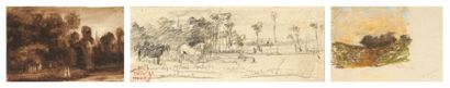 Paul HUET (1803-1869) Pensée pour l'Abbaye dans les bois Lavis brun. Annoté au revers...