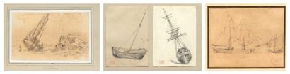Paul HUET (1803-1869) Bateaux échoués Crayon noir, deux dessins sur un même montage....