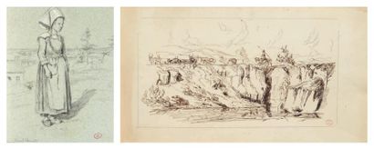 Paul HUET (1803-1869) Paysanne normande Crayon noir et rehauts de blanc sur papier...