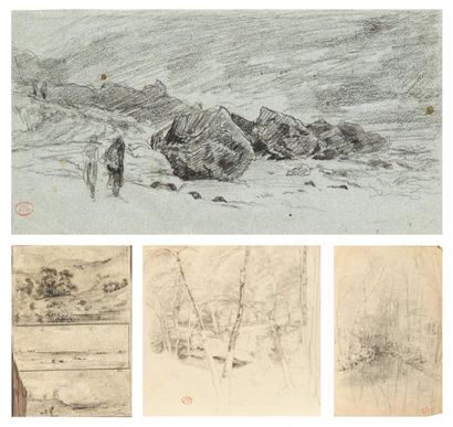 Paul HUET (1803-1869) Averse sur les rochers Fusain sur papier bleu. Annoté en sur...