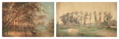 RENÉ PAUL HUET (NICE 1844-1928) Cerf s'abreuvant Sur sa toile d'origine H_67,5 cm...
