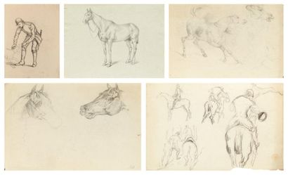 RENÉ PAUL HUET (NICE 1844-1928) Huit études de chevaux, cavaliers et chiens Crayon...