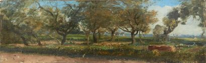 École Française du XIXe siècle Etude de paysage aux arbres près d'un hameau Panneau....