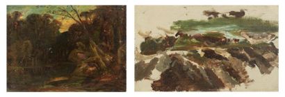 Paul HUET (1803-1869) Les rochers dans la forêt Papier marouflé sur panneau. Signé...