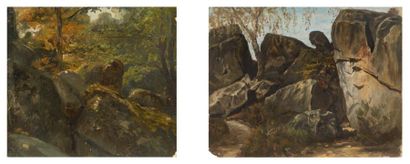 Paul HUET (1803-1869) Les rochers du calvaire en forêt de Fontainebleau Papier marouflé...