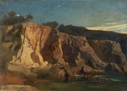 Paul HUET (1803-1869) Les rochers à Nice Sur sa toile d'origine. Accident. Annoté...