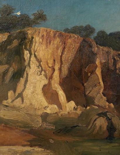 Paul HUET (1803-1869) Les rochers à Nice Sur sa toile d'origine. Accident. Annoté...