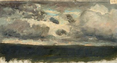 Paul HUET (1803-1869) Nuages bas au crépuscule Carton. Porte en haut à droite le...