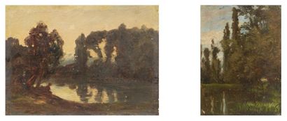 Paul HUET (1803-1869) Les arbres de l'étang au coucher du soleil Papier marouflé...