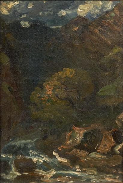 Paul HUET (1803-1869) Le torrent alpin Toile marouflée sur panneau. H_19,5 cm L_13...