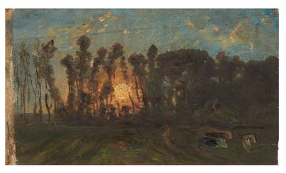 Paul HUET (1803-1869) La forêt au crépuscule Toile sans châssis. Porte au revers...