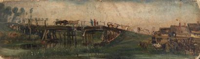 Paul HUET (1803-1869) Troupeau de vaches passant un pont Carton. Annoté au revers...