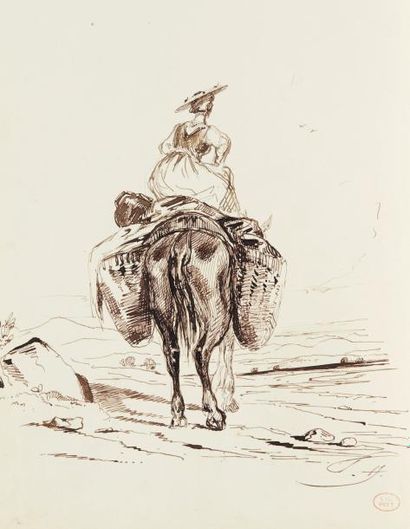 Paul HUET (1803-1869) Céleste sur son âne Plume et encre brune. Monogrammé en bas...