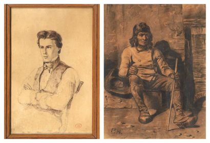 Paul HUET (1803-1869) Portrait d'un jeune homme Crayon noir et lavis brun. Annoté...