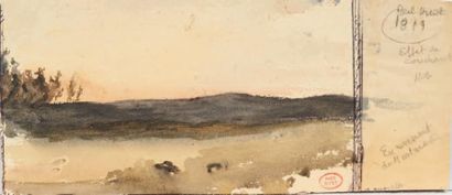 Paul HUET (1803-1869) En revenant de Montmartre, effet de couchant Aquarelle. Annoté...