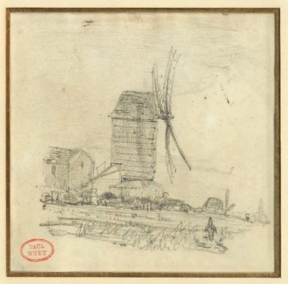 Paul HUET (1803-1869) Un moulin de Montmartre Crayon noir. Annoté au revers n°65...
