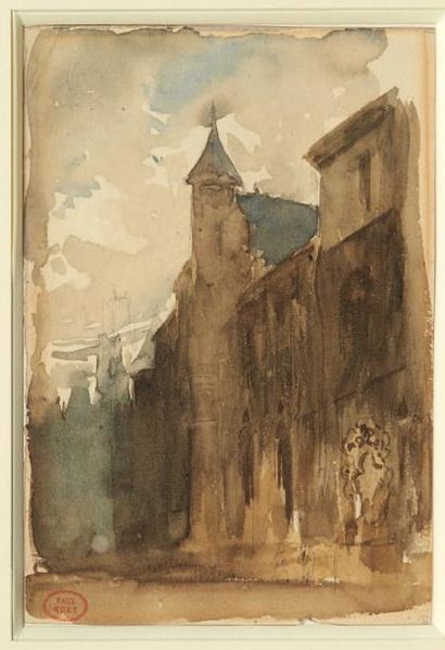 Paul HUET (1803-1869) Vieille rue de Rouen Aquarelle. Porte en bas à droite le cachet...
