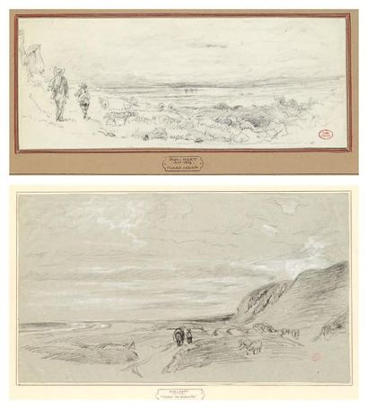 Paul HUET (1803-1869) Les marais salants. Crayon noir. Annoté sur le montage Croquis...