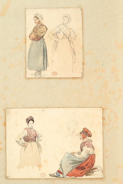 Paul HUET (1803-1869) Figures de femmes au Tréport Aquarelle sur traits de crayon...
