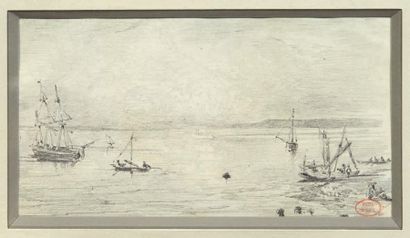 Paul HUET (1803-1869) Honfleur, sortie de barques, Crayon noir. Annoté au revers...