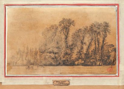Paul HUET (1803-1869) Lisière d'ormes. Crayon noir sur papier beige. Annoté sur le...