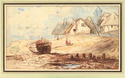 Paul HUET (1803-1869) Village au bord de la mer Aquarelle. Annoté au revers n°37...