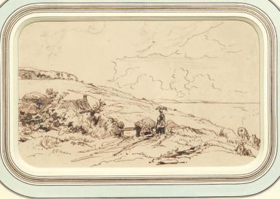 Paul HUET (1803-1869) Bergers en bord de mer. Plume et encre brune, traits de crayon...