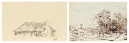 Paul HUET (1803-1869) Une chaumière Crayon noir sur papier beige. Porte en bas à...