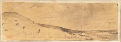 Paul HUET (1803-1869) Bergers en bord de mer Crayon noir sur papier beige. Porte...
