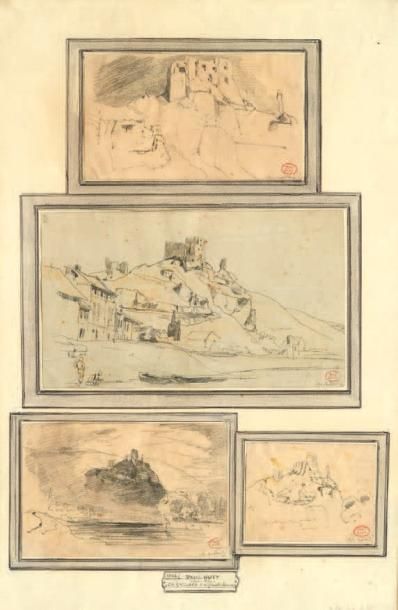 Paul HUET (1803-1869) Château-Gaillard à différentes heures Crayon noir, quatre dessins...