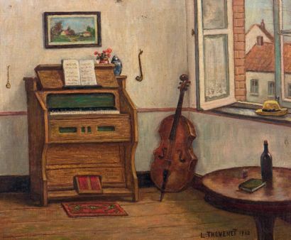 Louis THEVENET (1874-1930) Le salon de musique Huile sur toile. Signée en bas à droite...