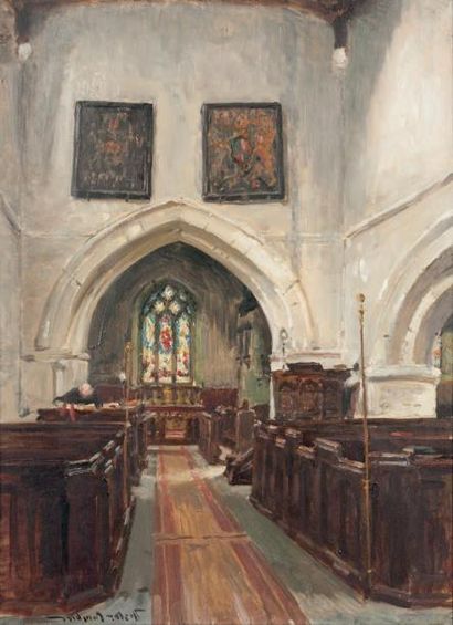 NESTOR CAMBIER (1879-1957) Intérieur d'église à Hinton Wilshire Panneau. Signé en...