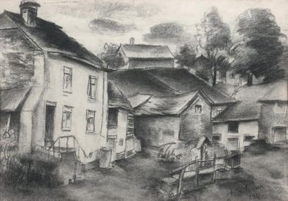 Ferdinand Schirren (1872-1944) Vue de village, 1917 Fusain sur papier. Signé en bas...