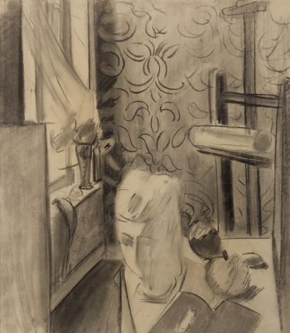 ENGELBERT VAN ANDERLECHT (1918-1961) Atelier d'artiste, 1944 Fusain sur papier. Signé...