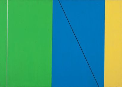 Jo Delahaut (1911-1992) Espace Jaune, Bleu, Vert, 1976 Huile sur toile. Signée, titrée...