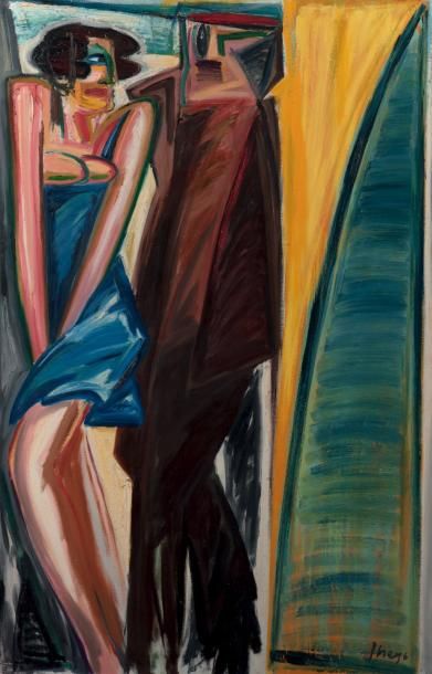 Yvan THEYS (1936-2005) Couple Huile sur toile. Signée en bas à droite. H_205 cm L_130,5...