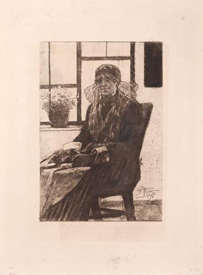 FÉLICEN ROPS (1833-1898) L'experte en dentelle Sur papier van Gelder. Rehaussée en...