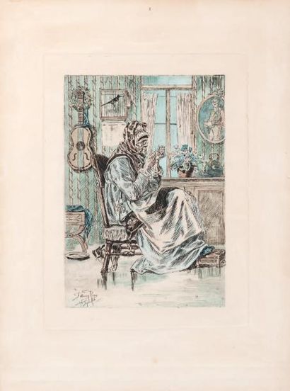 Félicien Rops (1833-1898) La vieille à l'aiguille Couleur. H_27,4 cm L_20,4 cm