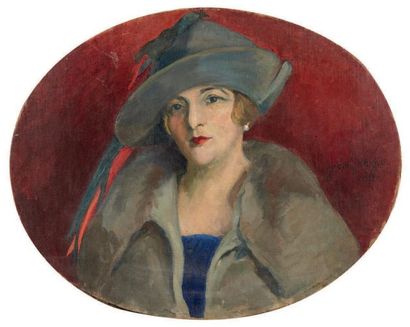 ECOLE FRANÇAISE XXE SIÈCLE Portrait de femme au chapeau ovale Huile sur toile. H_65...