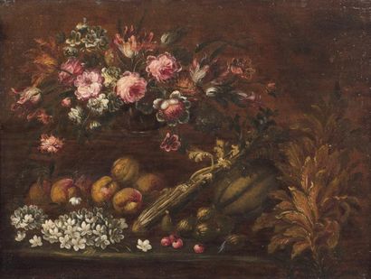 École ITALIENNE de la fin du XVIIIe siècle Bouquet de fleurs et fruits sur un entablement...