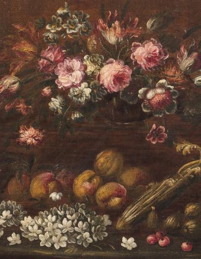 École ITALIENNE de la fin du XVIIIe siècle Bouquet de fleurs et fruits sur un entablement...