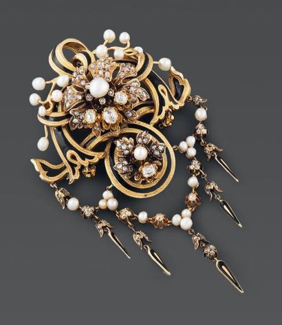 null BROCHE de corsage en rubans noués d'or jaune émaillés, piquée de perles (non...