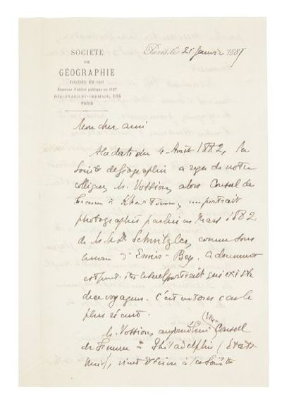 JACKSON, James. 1843-1895 Archiviste de la Société de Géographie. 3 LAS, une carte...