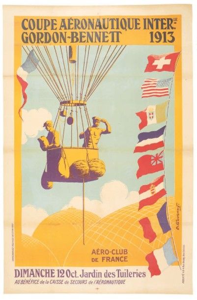 null AFFICHE. Coupe Aéronautique Internationale GORDONBENNET. 1913. Affiche illustrée,...